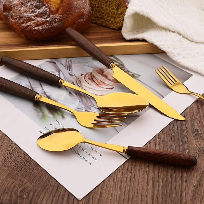Wood Handle Flatware Set 40 Pcs For 8 Mirror Polished Stainless Steel Gold Cutlery - Image 4